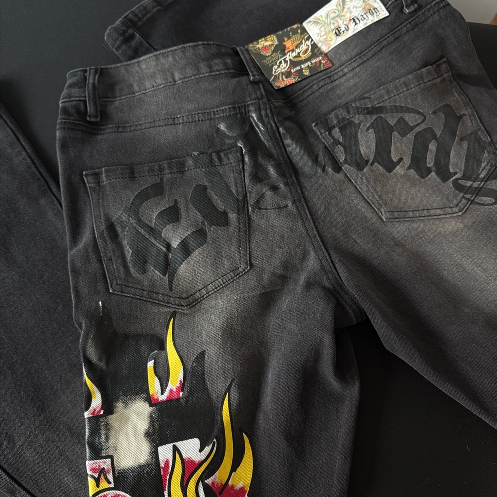 Ed Hardy Black Slim Straight Jeans with Yellow & Red Flame Graphics